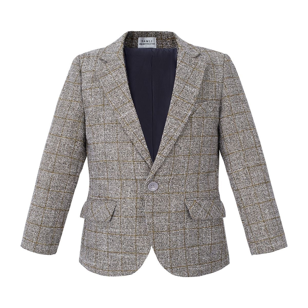 Jungen-Baumwoll-Tweed-ähnlicher Karo-Tailored-Fit-Blazer - Beige