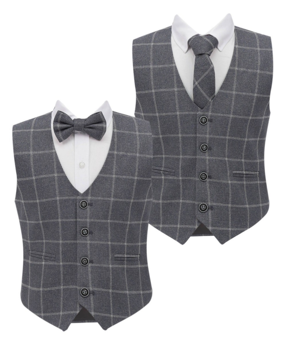 Boys Tweed Check Cotton Vest Set - Grey