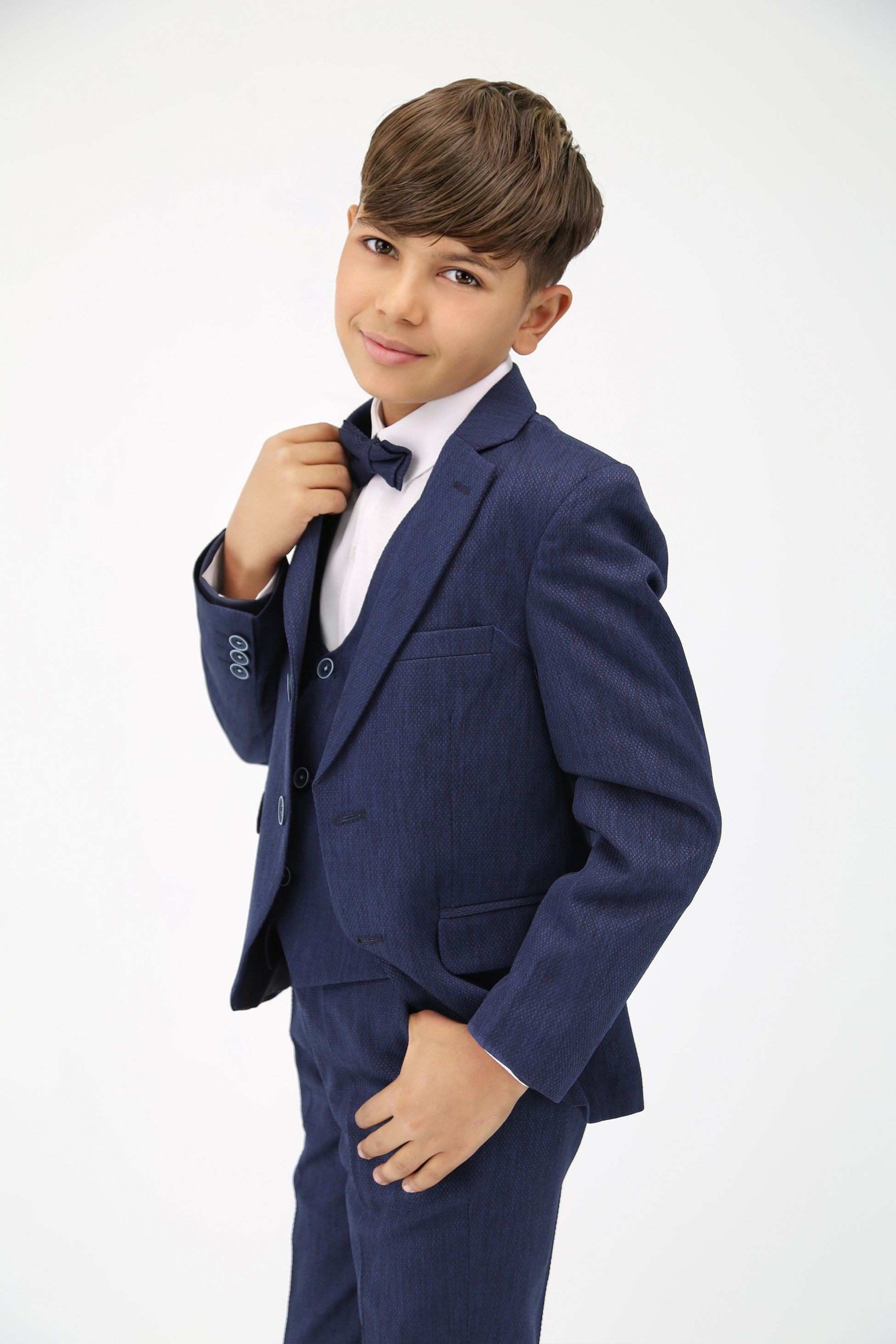 Boys' Slim Fit Self-Patterned 5 PC Suit Set - Navy