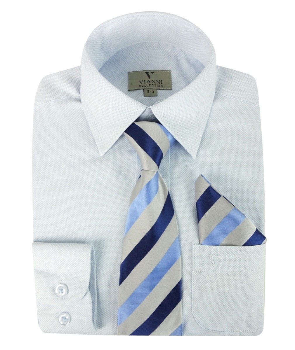 Boys Cotton Blend Long Sleeve Shirt, Tie & Hanky Set - Light Blue- Patterned Tie