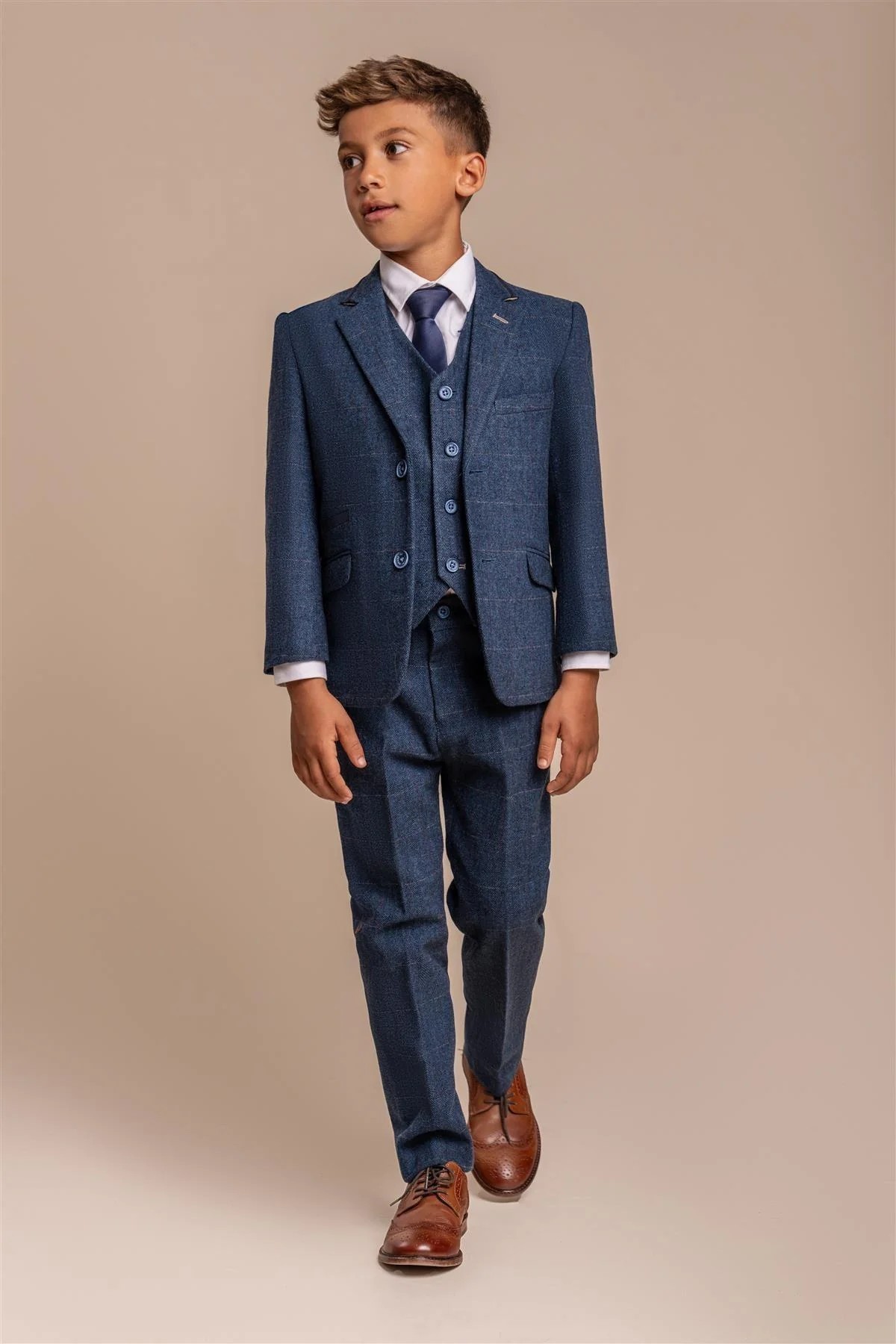 Boys Slim Fit Herringbone Tweed Blue Suit - CARNEGI - Navy Blue