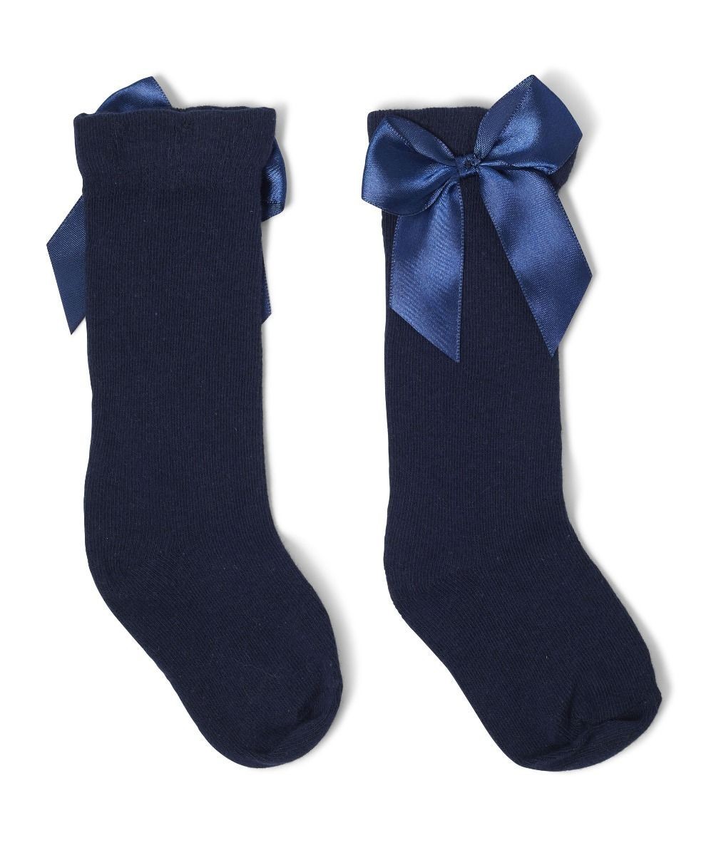 Chaussettes hautes pour filles avec nœud - VICTORIA - Bleu marine