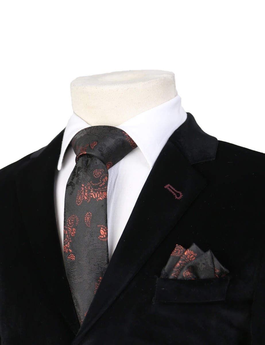 Jungen-Krawatten mit Paisley-Muster, formelle Krawatte und Einstecktuch für Kinder - Schwarz und Orange