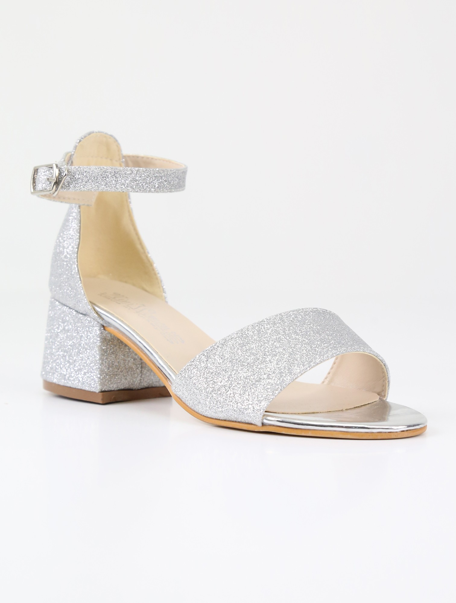 Girls Ankle-Strap Block Heel Sandals - SPARKLE - Silver
