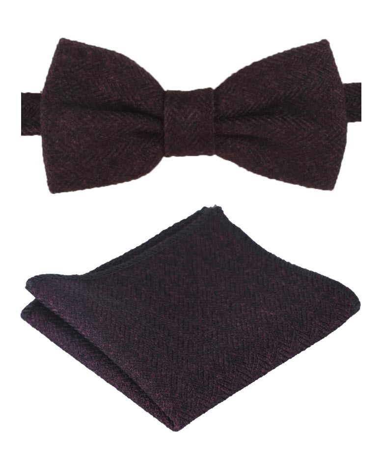 Boys & Men's Herringbone Tweed Bow Tie and Pocket Square - Purple