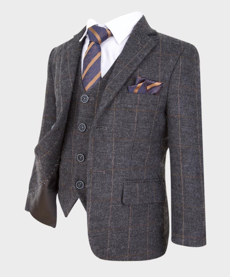 Boys Tailored Fit Windowpane Check Suit - Dark Grey