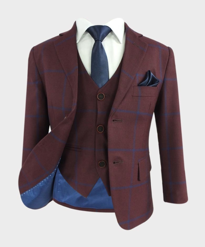 Boys Tailored Fit Windowpane Check Suit - Burgund