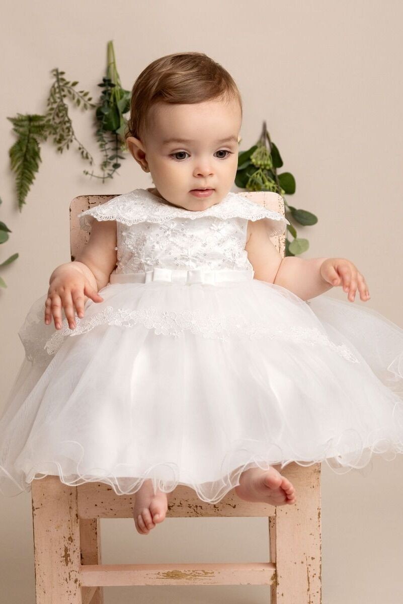 Baby Girls Layered Christening Lace Cape Dress - HAZEL