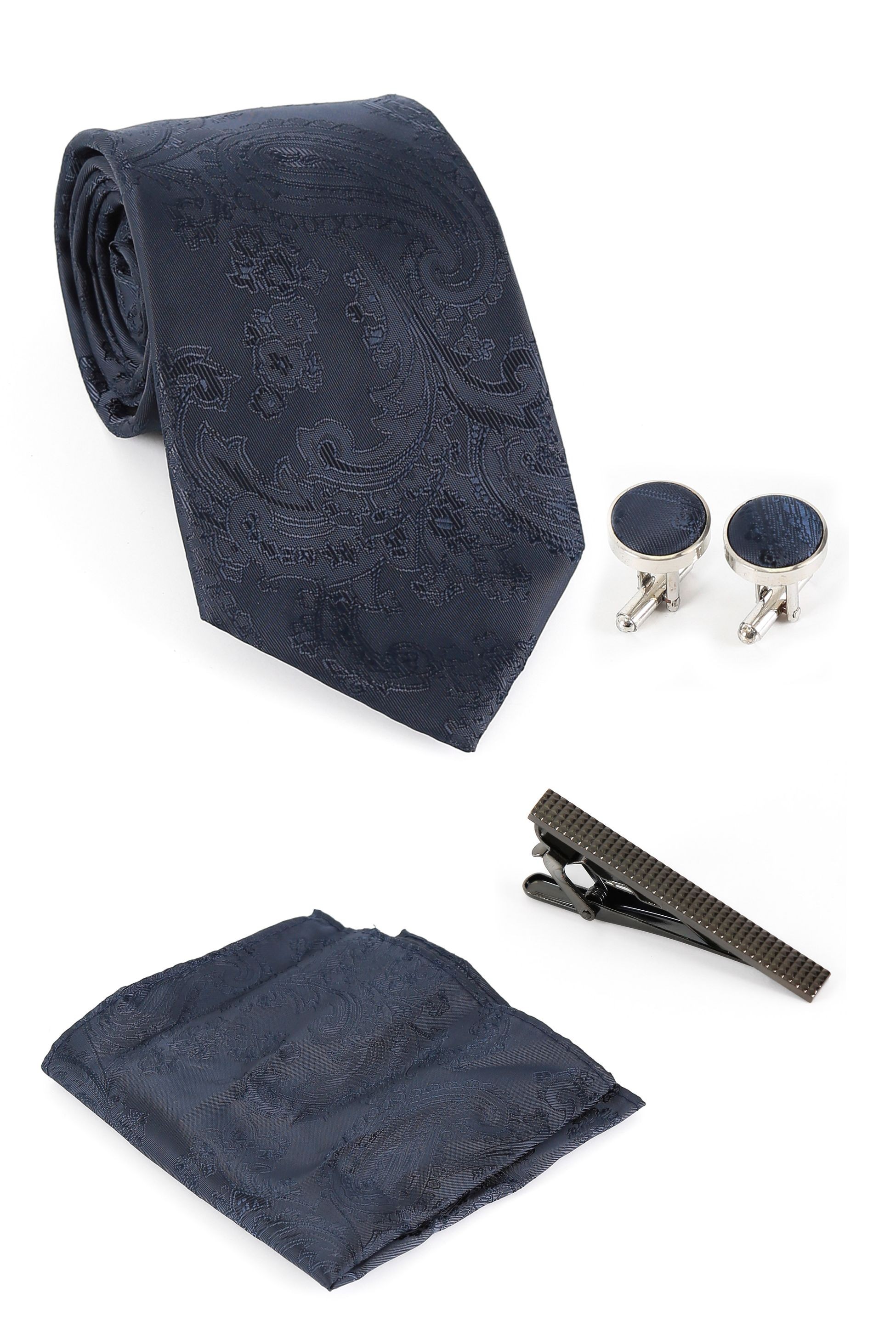 Ensemble cravate paisley et boutons de manchette pour hommes - Bleu marine