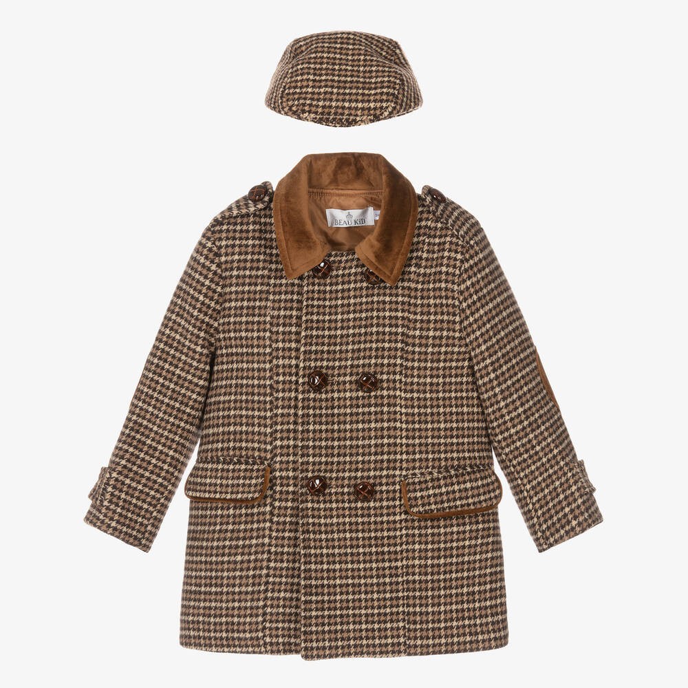 Zweiteiliger Erbsenmantel aus Tweed mit Hahnentrittmuster für Jungen und passender Mütze – perfekt für den Winter.
