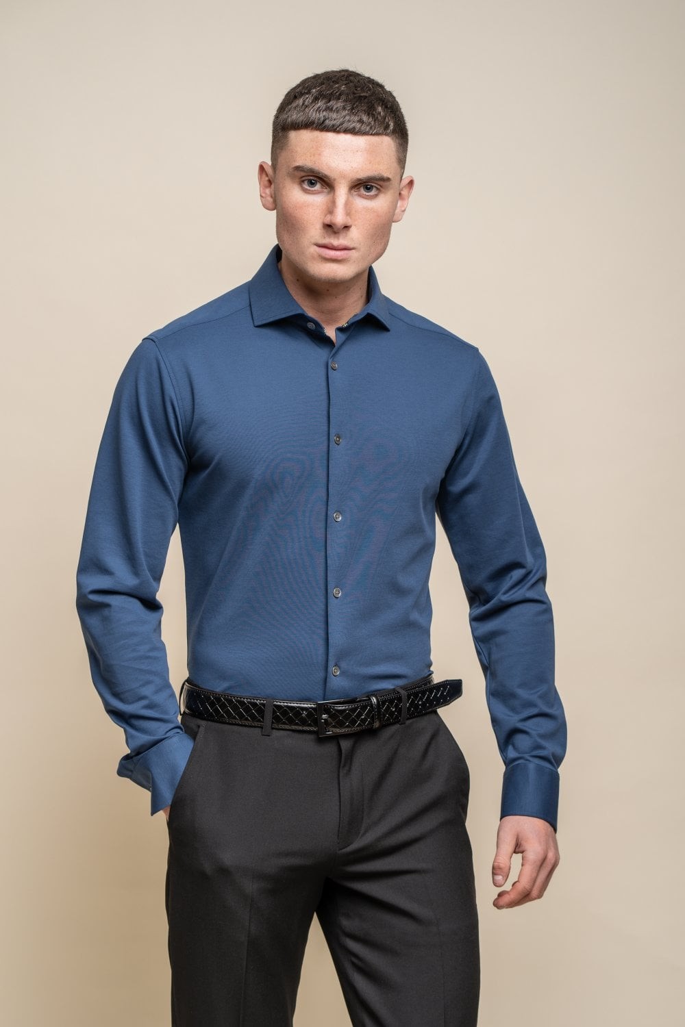 Chemise ajustée en coton à manches longues pour hommes - ASHLEY - Bleu
