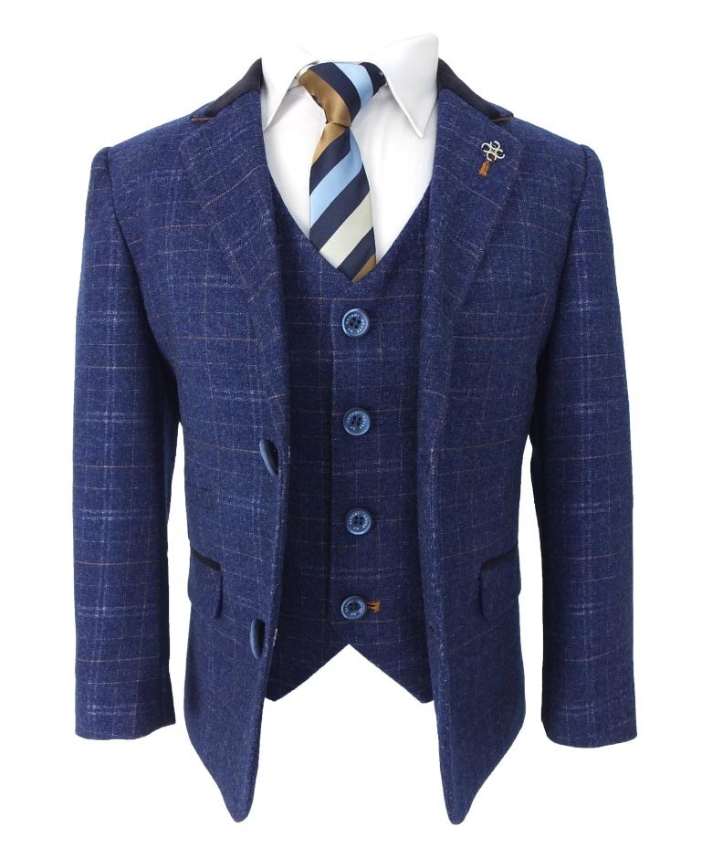 Boys Tweed Check Navy Slim Fit Suit - KAISER - Navy Blue