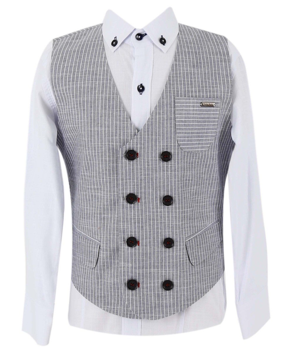 Boys Cotton Linen Pinstrip Vest Suit Set - Gray