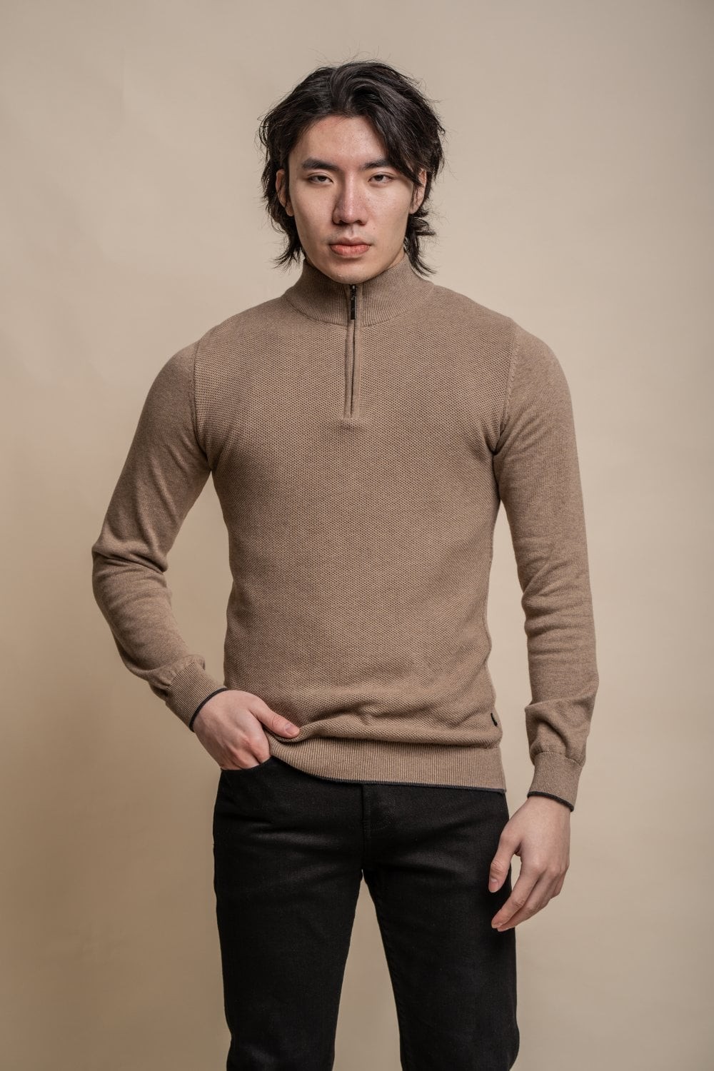 Pull en tricot de coton à demi-zip pour hommes - KYLE - Brun fauvers