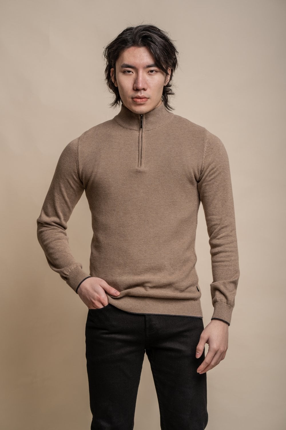 Men's Half Zip Knit Cotton Pullover - KYLE - Fawn Brown