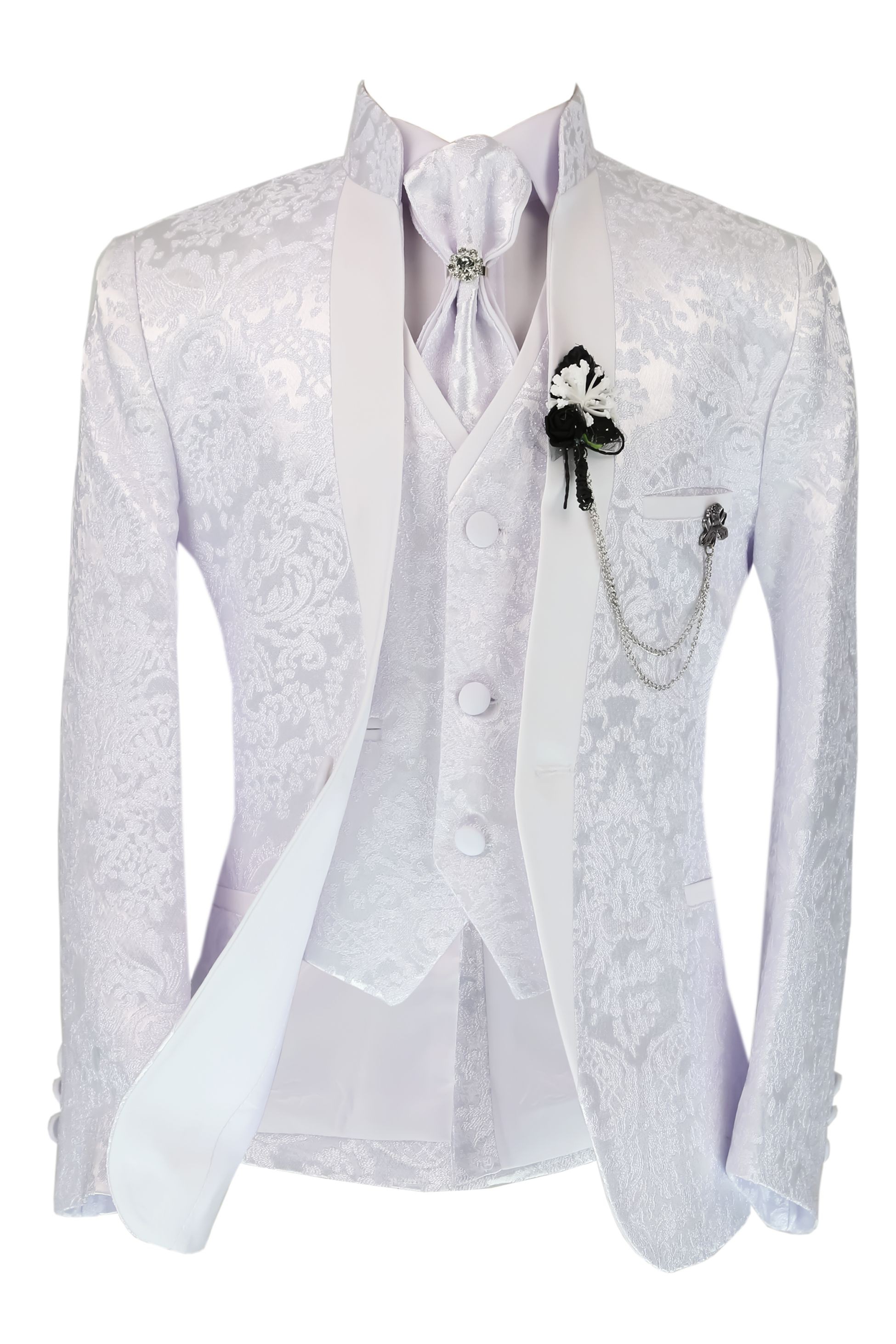 Boys Satin Lapel White Paisley Floral Tuxedo Suit Set