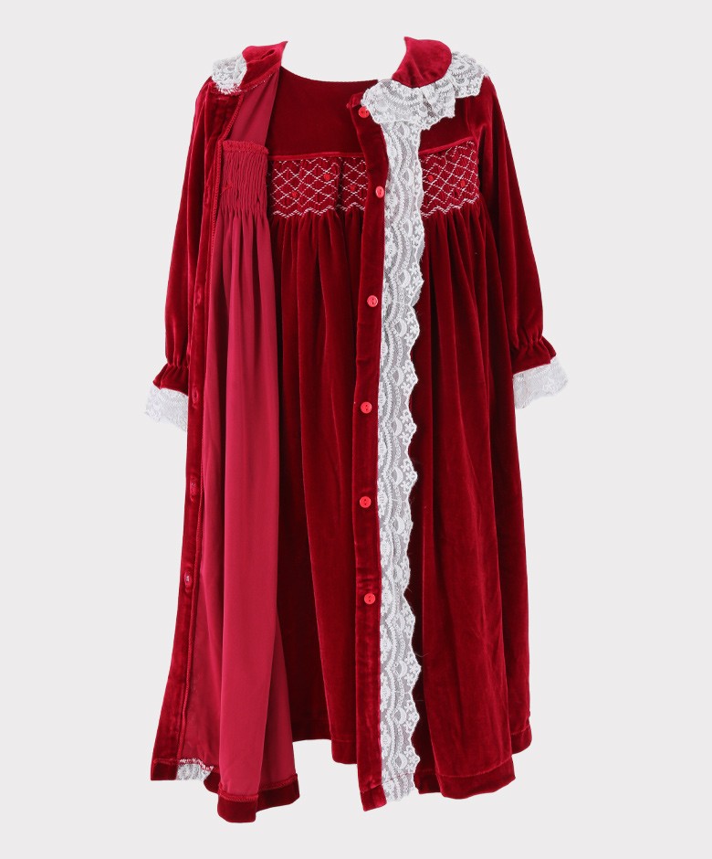 Ensemble 2 pièces Peignoir Robe de Nuit en Velours Smocké pour Filles - Vin rouge