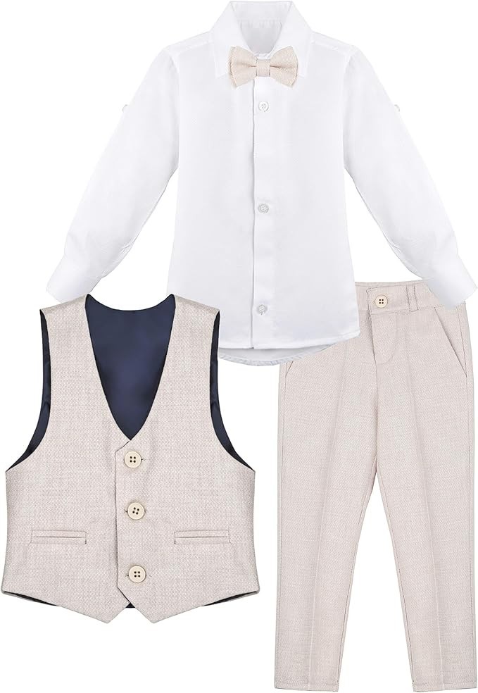 Jungen Slim Fit Texturiertes Weste Anzug Set, Festlicher Anzug - Beige