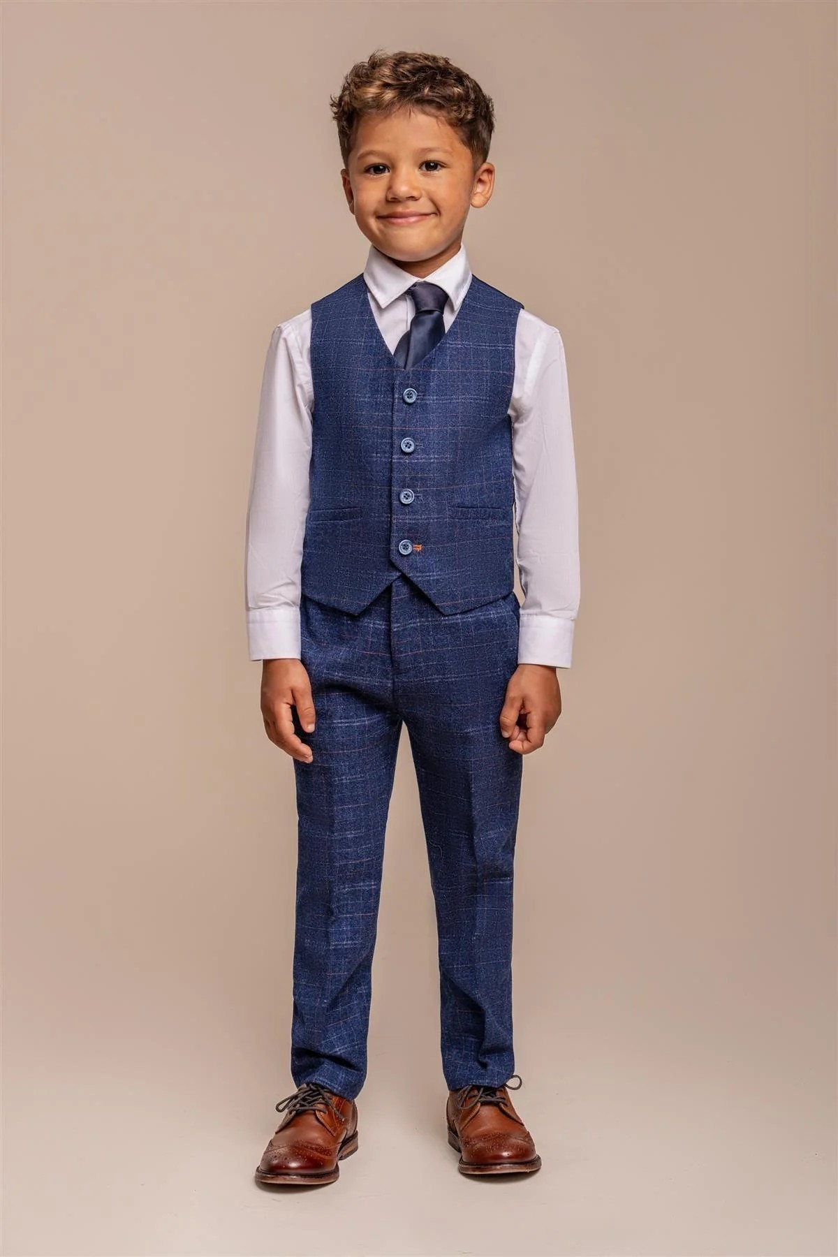 Boys Tweed Check Navy Slim Fit Suit - KAISER - Navy Blue