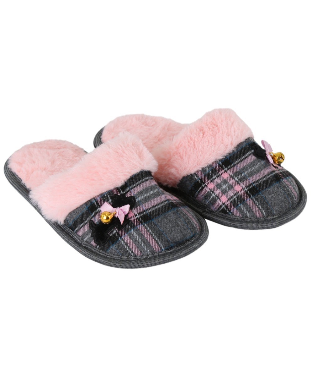 Girls Tartan Fur Slip On Slippers - Pink