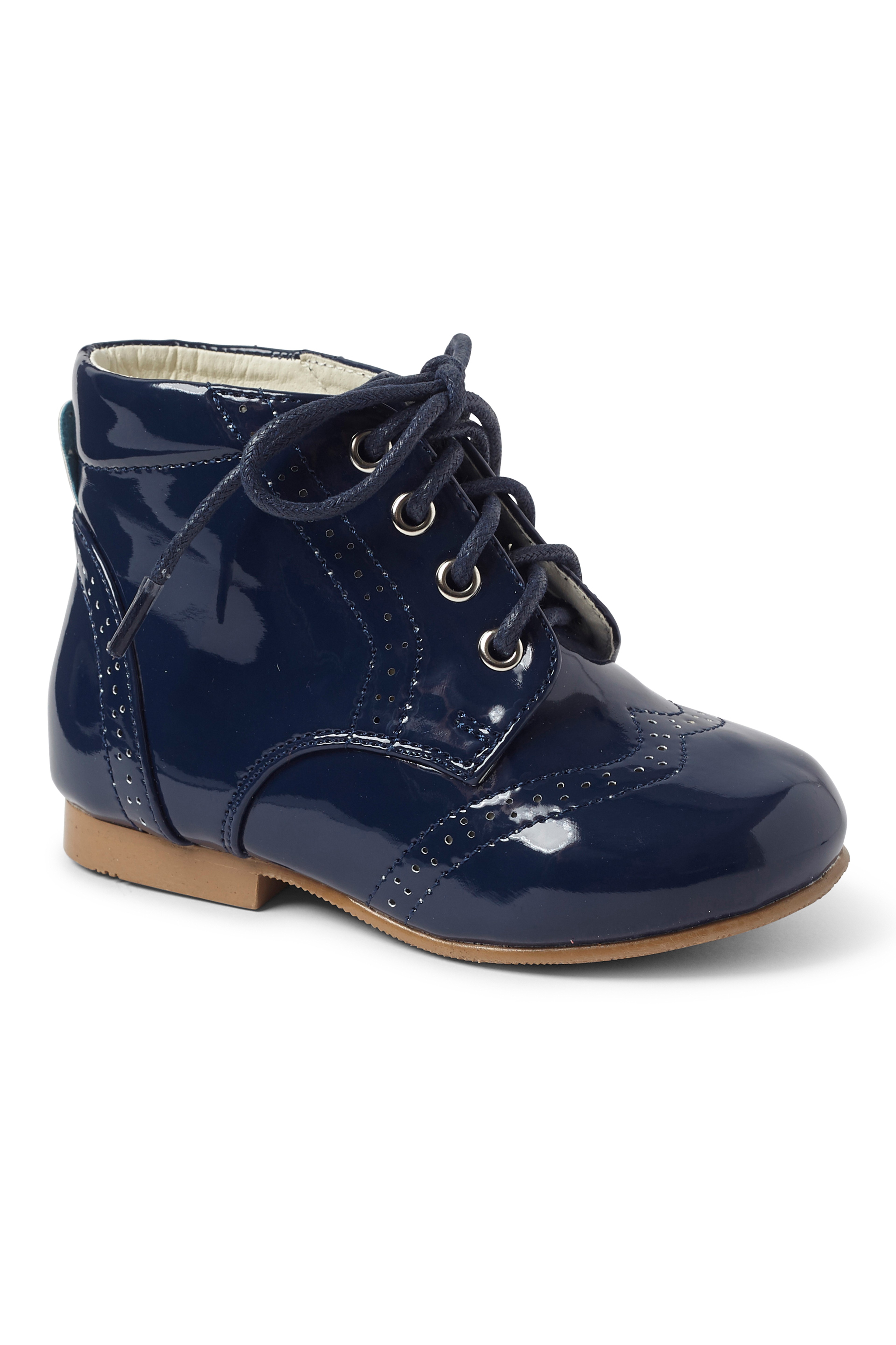 Unisex Kids Patent Leather Brogue Ankle Boots - QUINN  - Navy Blue