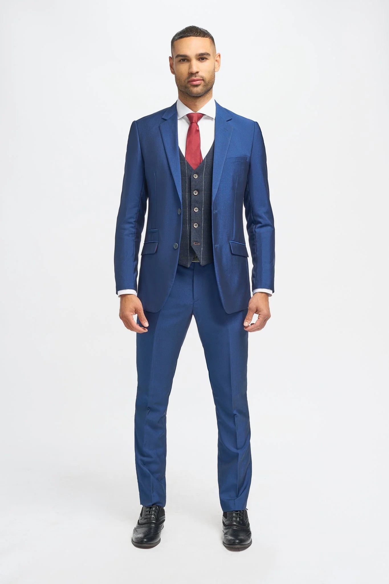 Herren Anzug in Königsblau, Slim Fit, 3-Teilig mit Tweed-Weste in Marineblau mit Fensterkaromuster