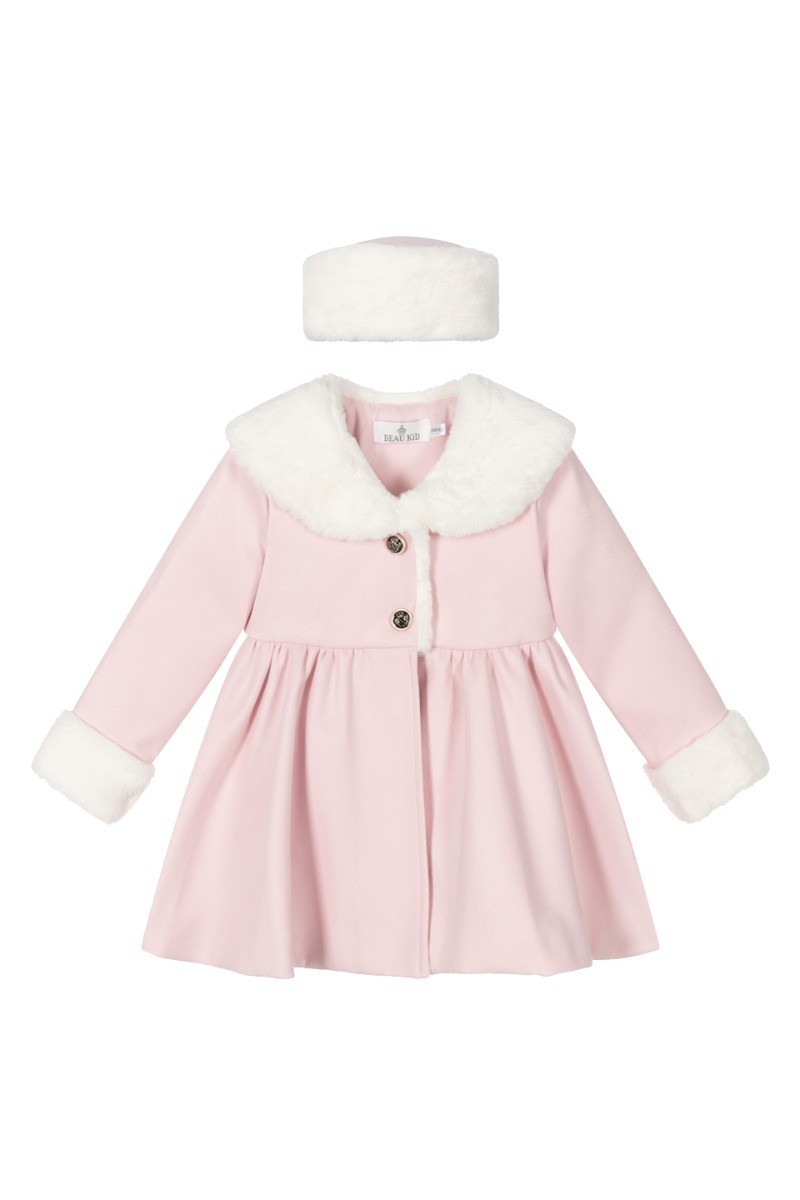 Girls Fur Midi Dress Coat 2 Piece Set - Pink