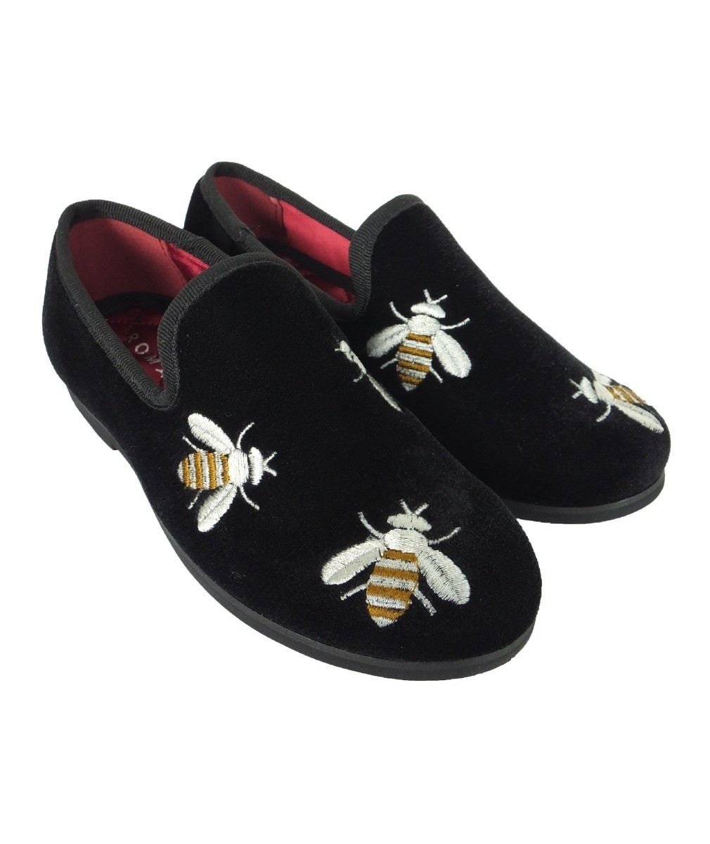 Boys Velvet Bee Embroidered Slip On Loafers