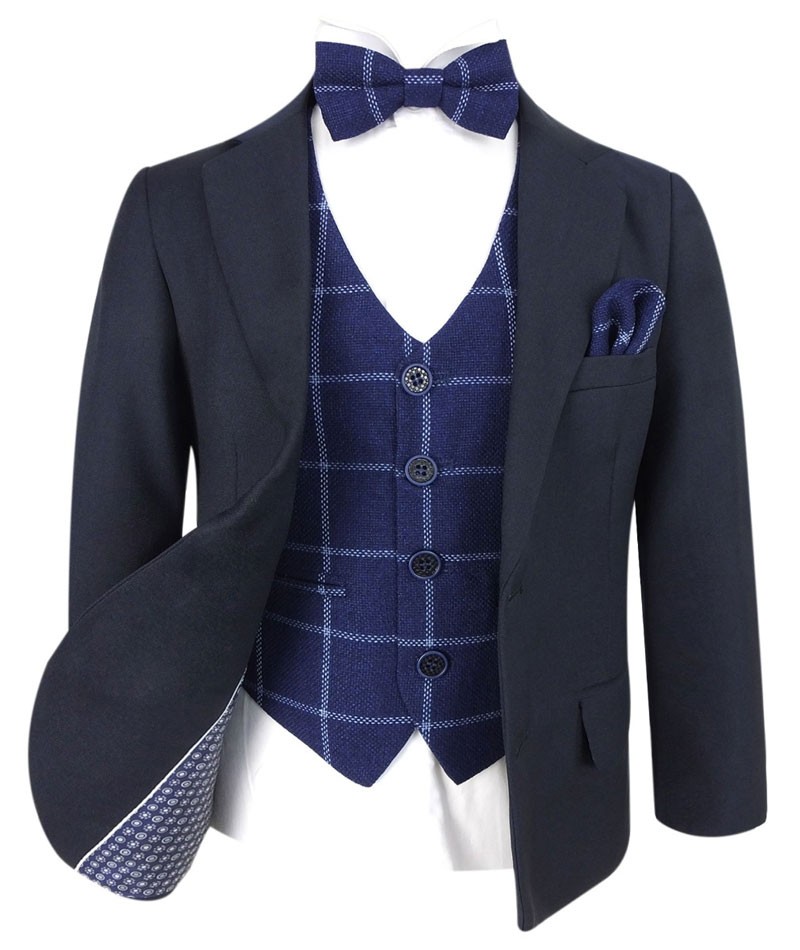 Boys Navy with Tweed Check Vest Suit Set - Navy Blue