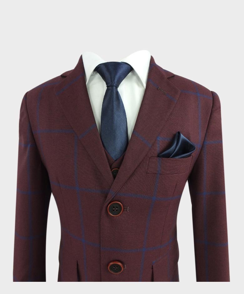 Boys Tailored Fit Windowpane Check Suit - Burgund