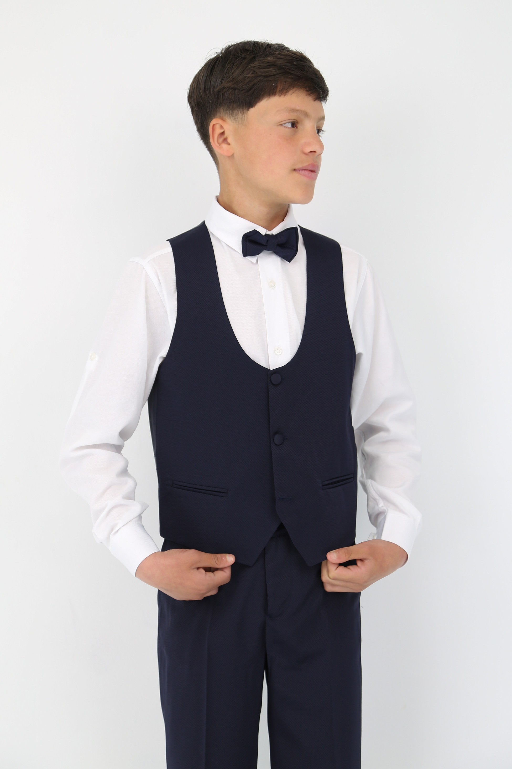 Jungen Satin Schal Revers Selbstgemustertes Smoking Anzug, 6-teiliges Set - Navy