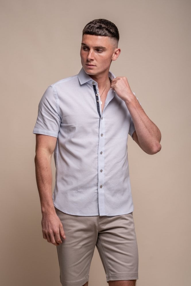 Chemise à manches courtes en mélange de lin ajustée pour hommes - FUEGO - Bleu ciel