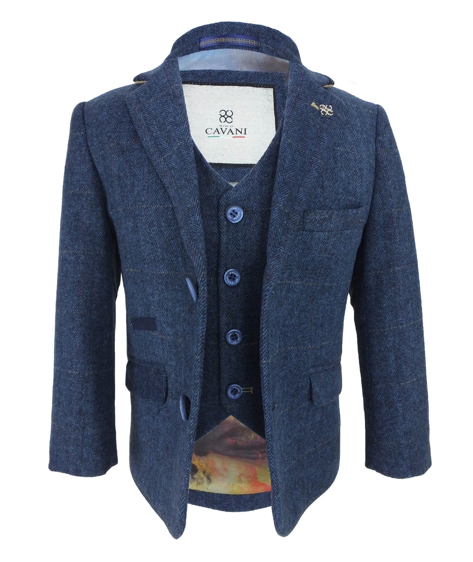 Jungen Slim-Fit Fischgräten-Tweed Blauer Anzug - CARNEGI - Navy blau