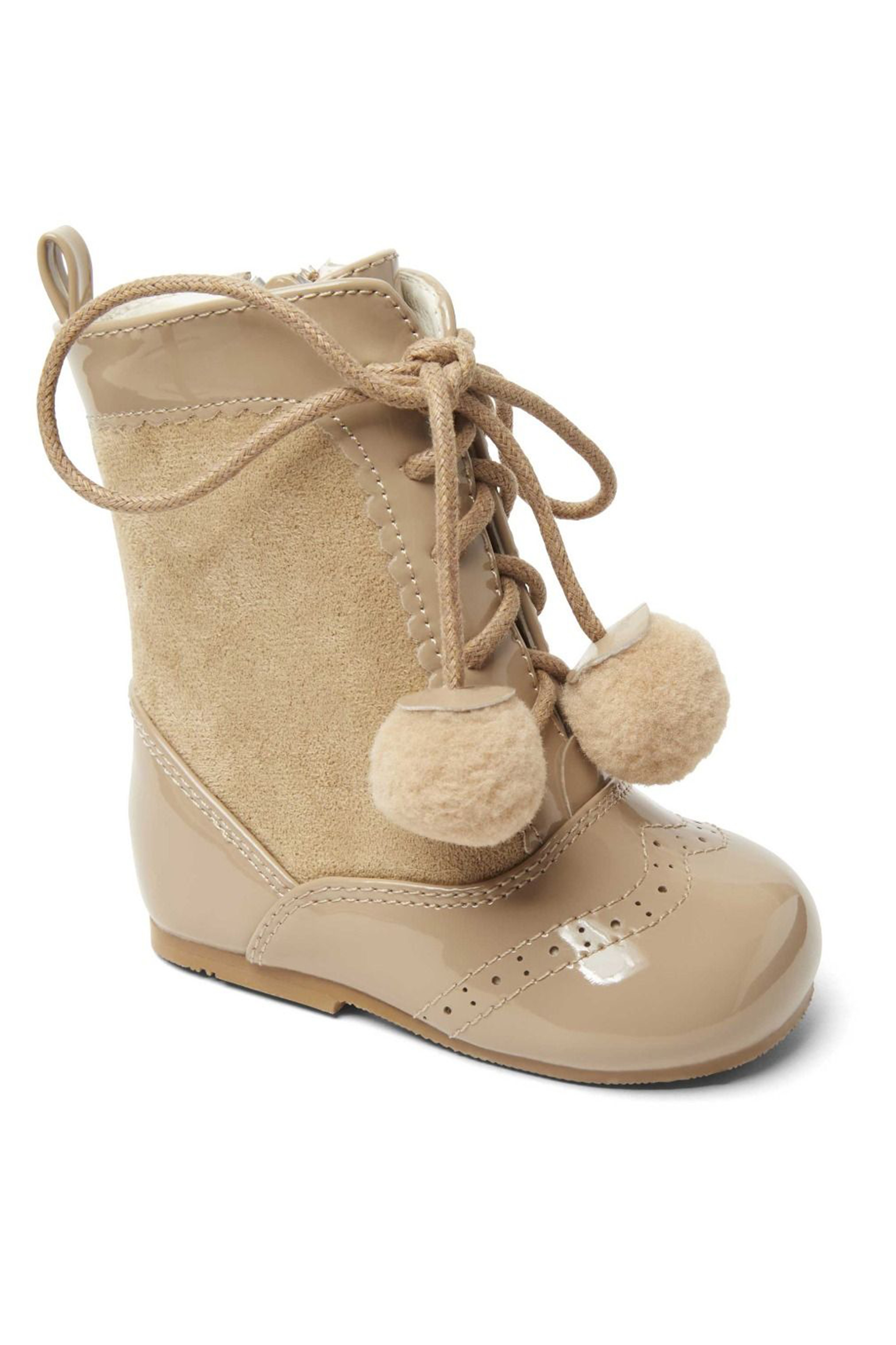 Kids Patent Leather Sienna Brogue Boots with Lace-Up and Pom-Pom Details, Unisex Classic Footwear - Camel