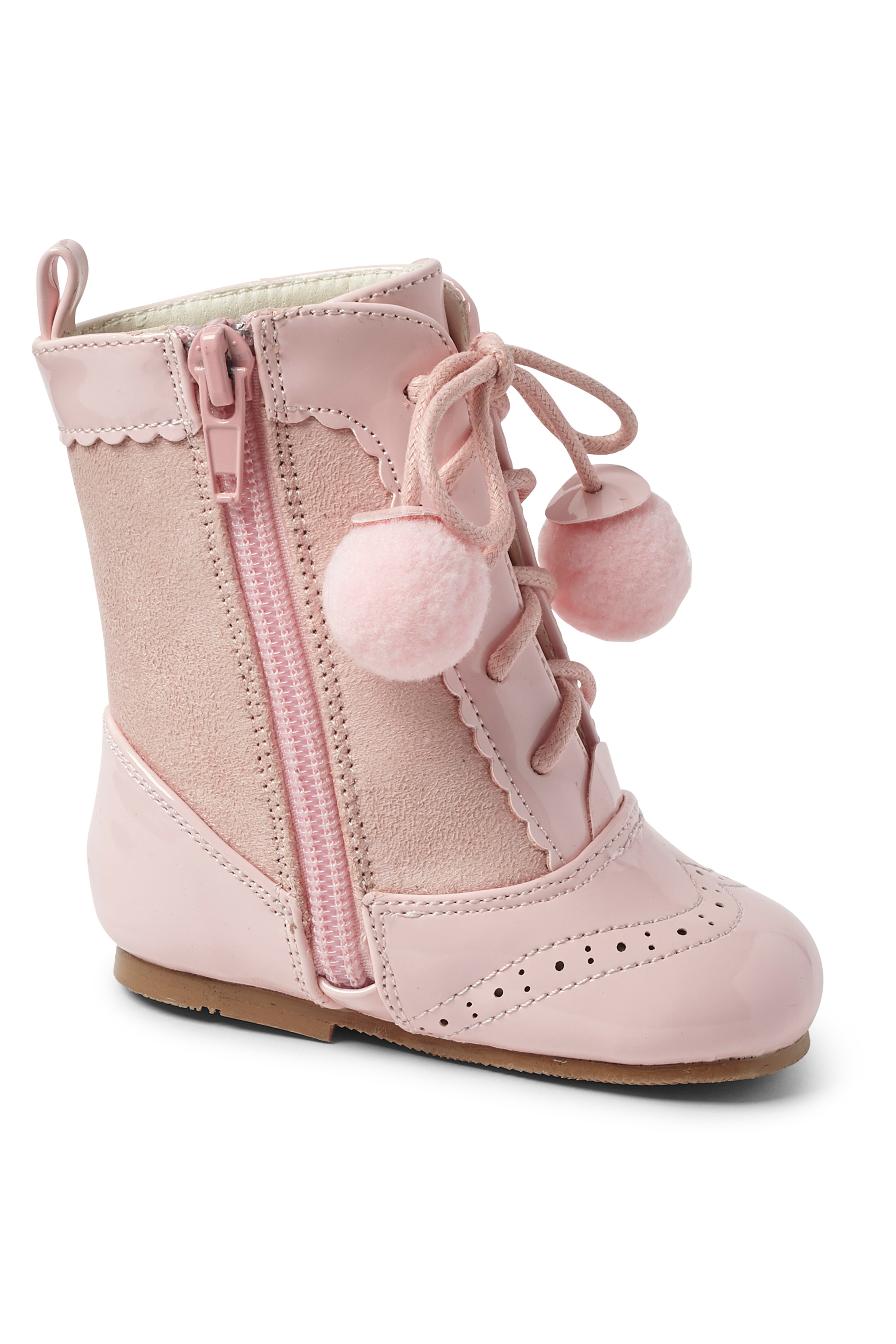 Kids Patent Leather Sienna Brogue Boots with Lace-Up and Pom-Pom Details, Unisex Classic Footwear - Pink