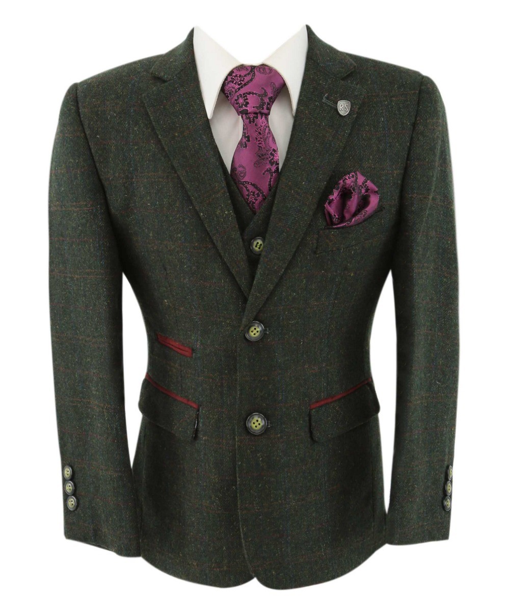 Boys' Green Tweed Check Tailored Fit Suit - JOSHUA