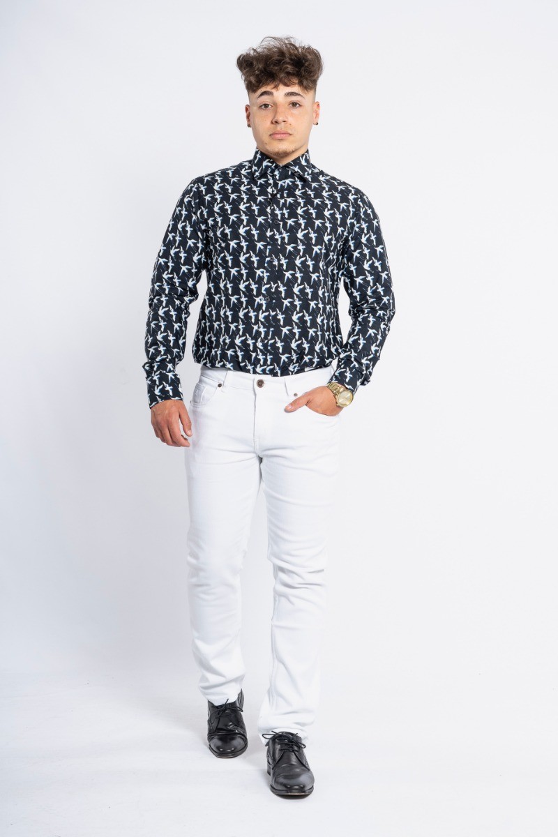 Men's Cotton Bird Pattern Long Sleeve Shirt