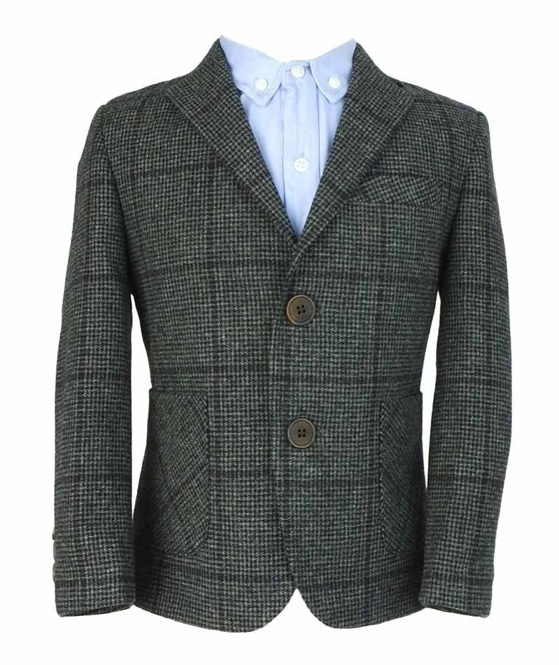 Boys Herringbone Windowpane Wool Suit - Gray