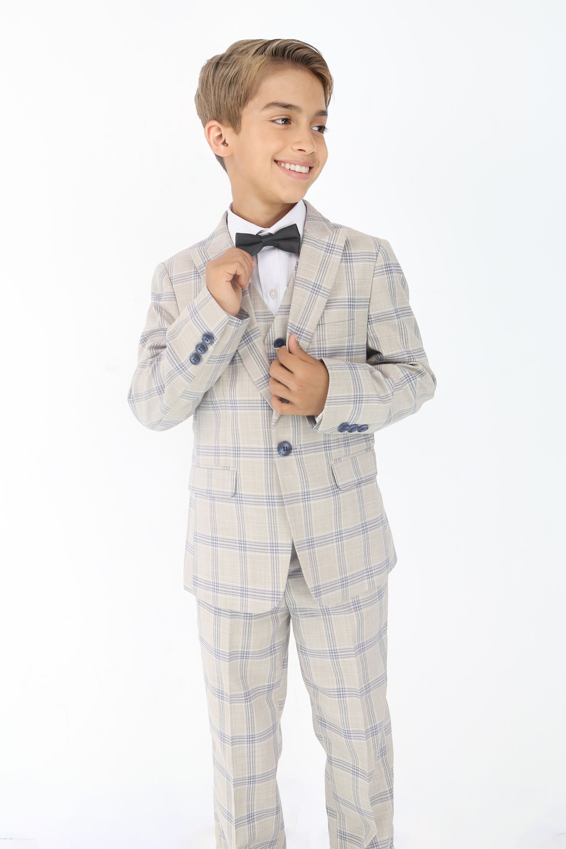 Boys Beige & Blue Plaid Check Suit