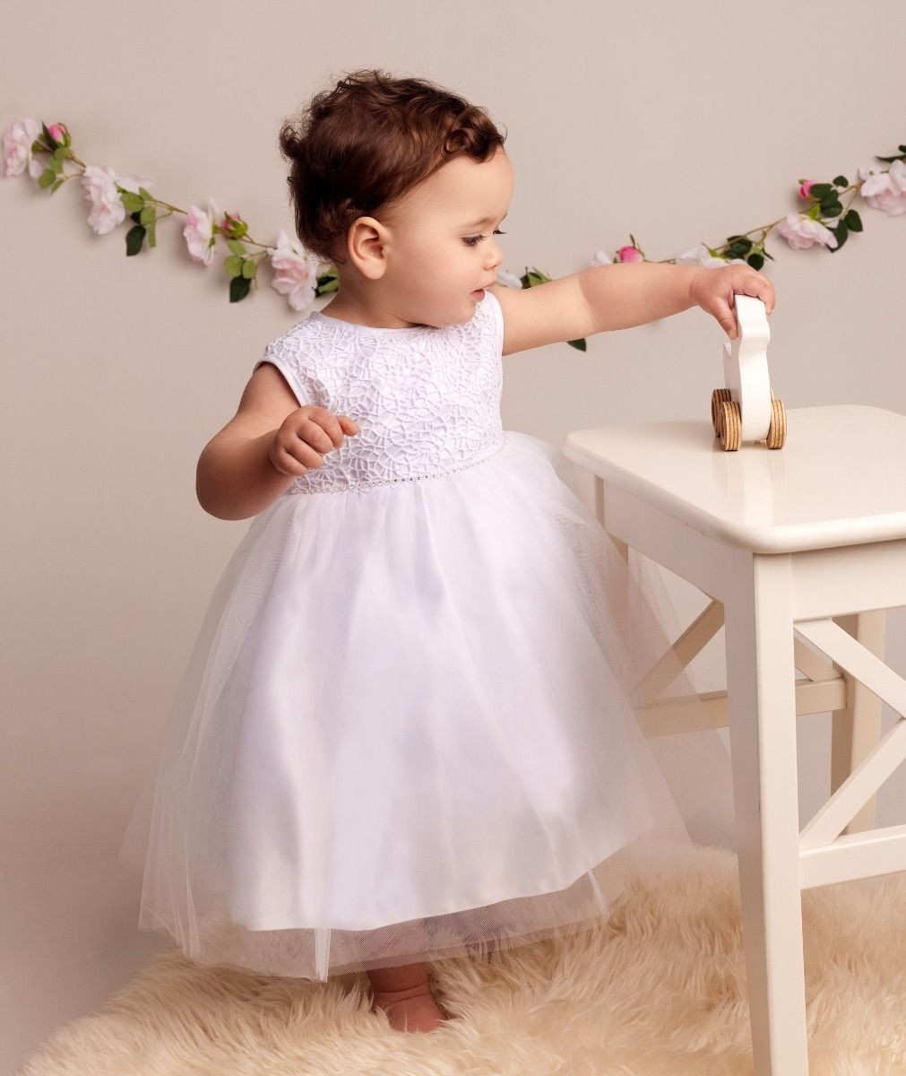 Baby-Mädchen-Taufkleid mit Spitze und Schleife - ROSE - Weiß