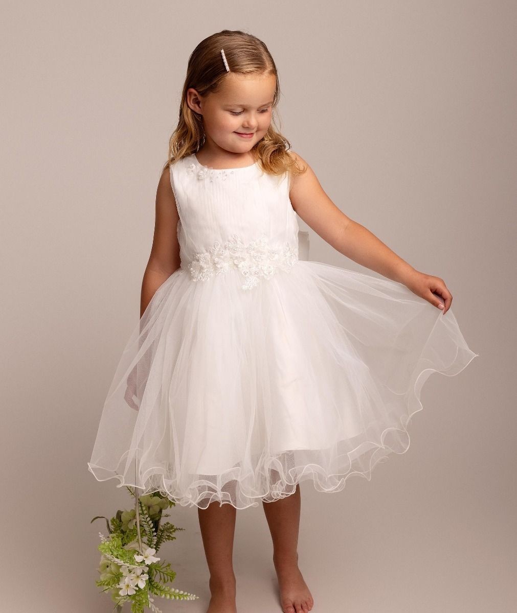 Girls Ivory Floral Appliques Tulle Dress - Monica