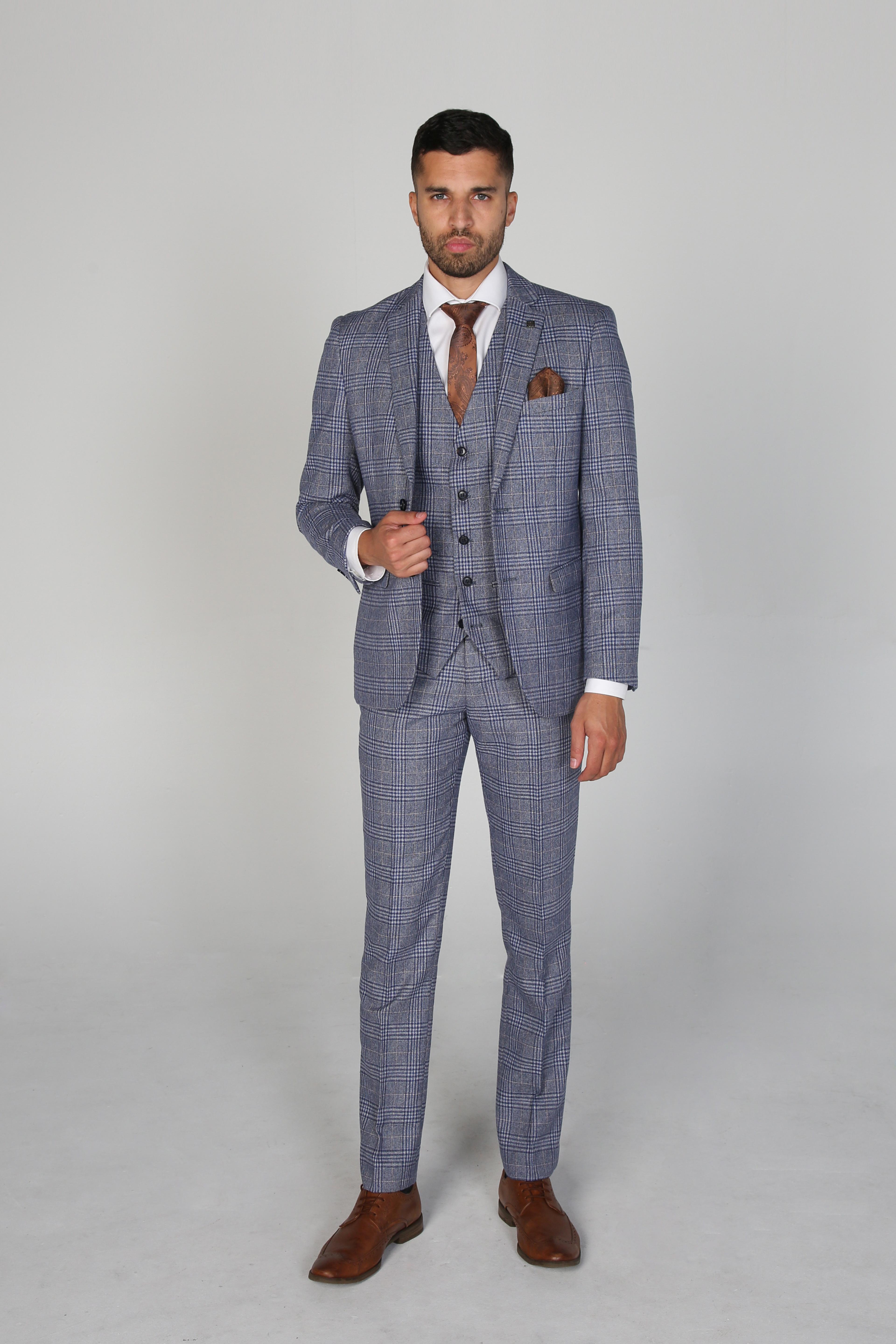 Men's Retro Check Tailored Fit Blue Pants - VIKTOR