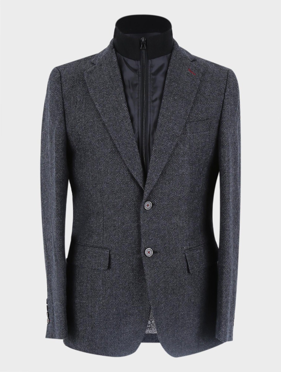 Navy Herringbone Tweed Lapel Vest, 80% Wool