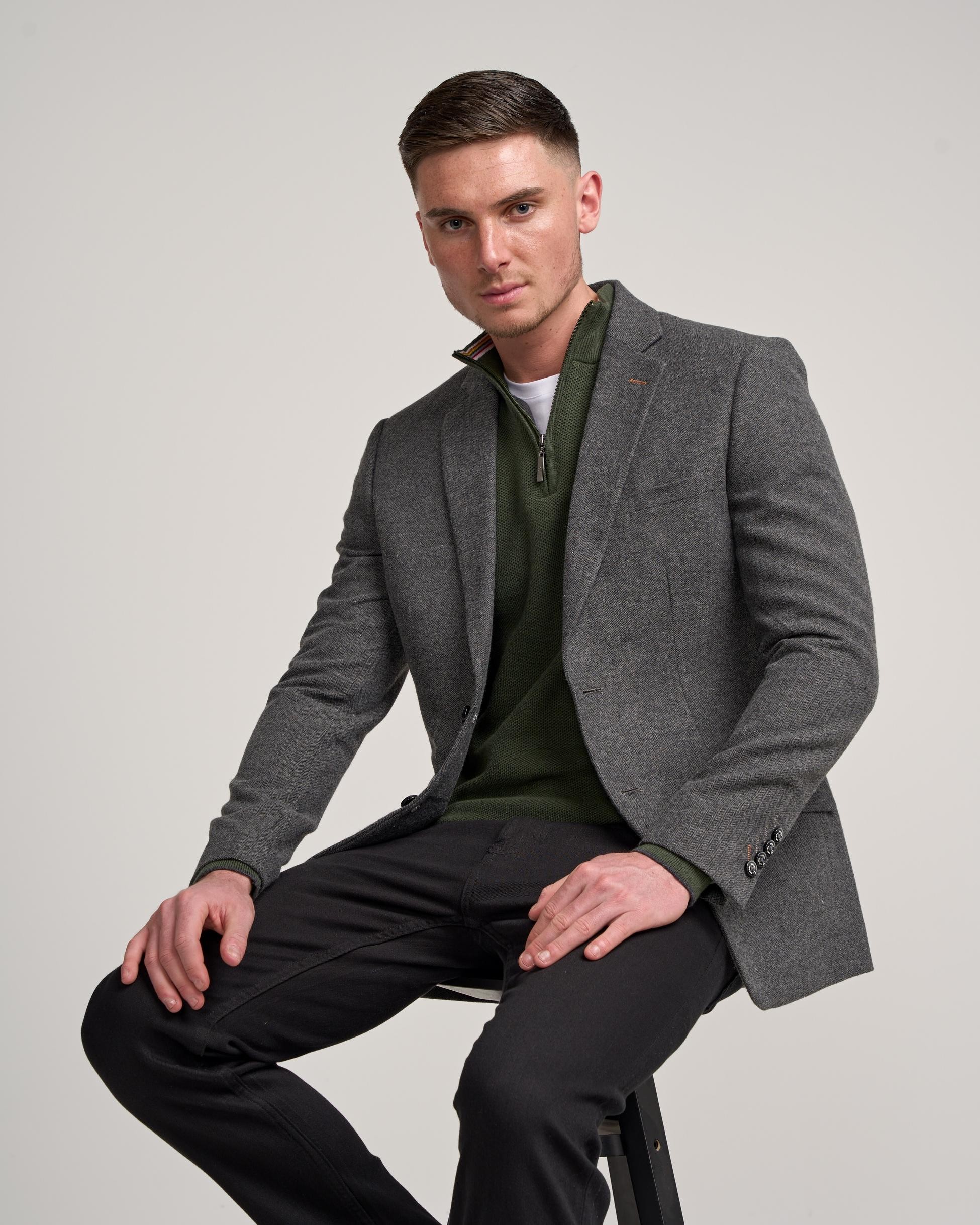 Men’s Grey Herringbone Tweed Suit Jacket - COSMO