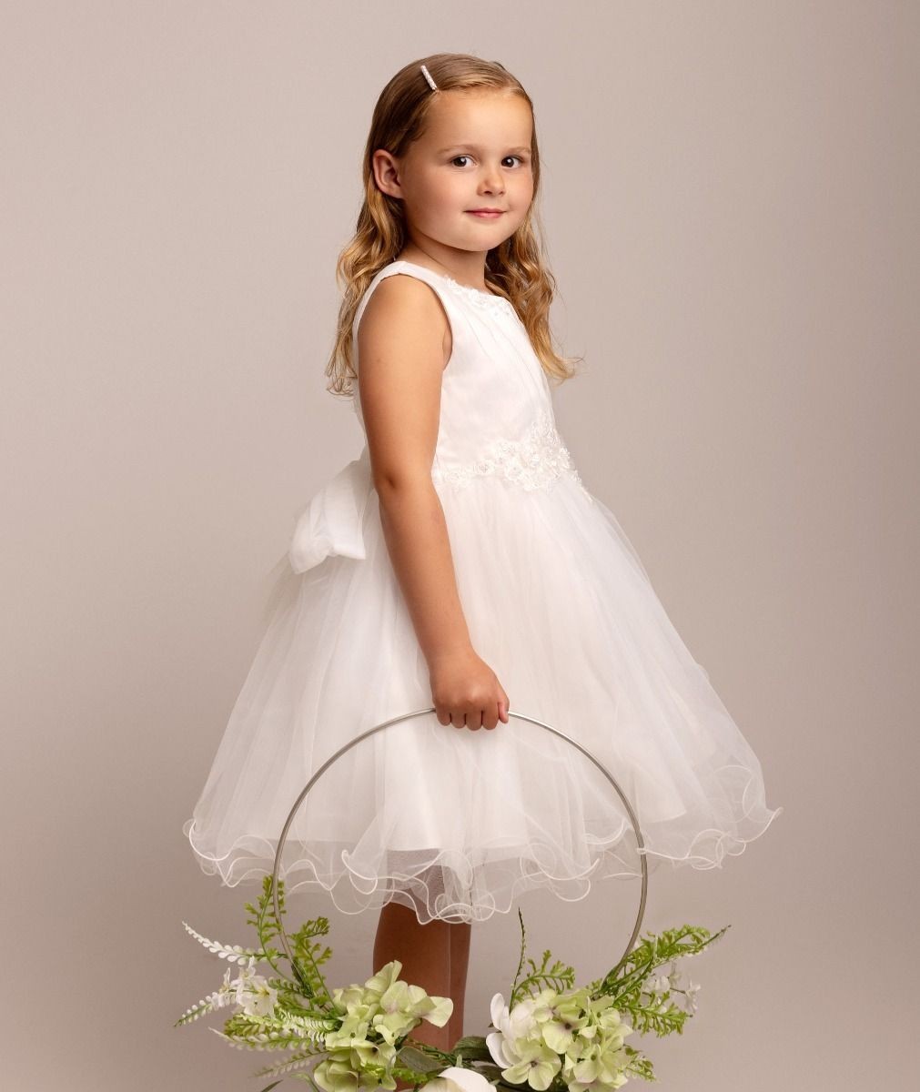 Girls Ivory Floral Appliques Tulle Dress - Monica