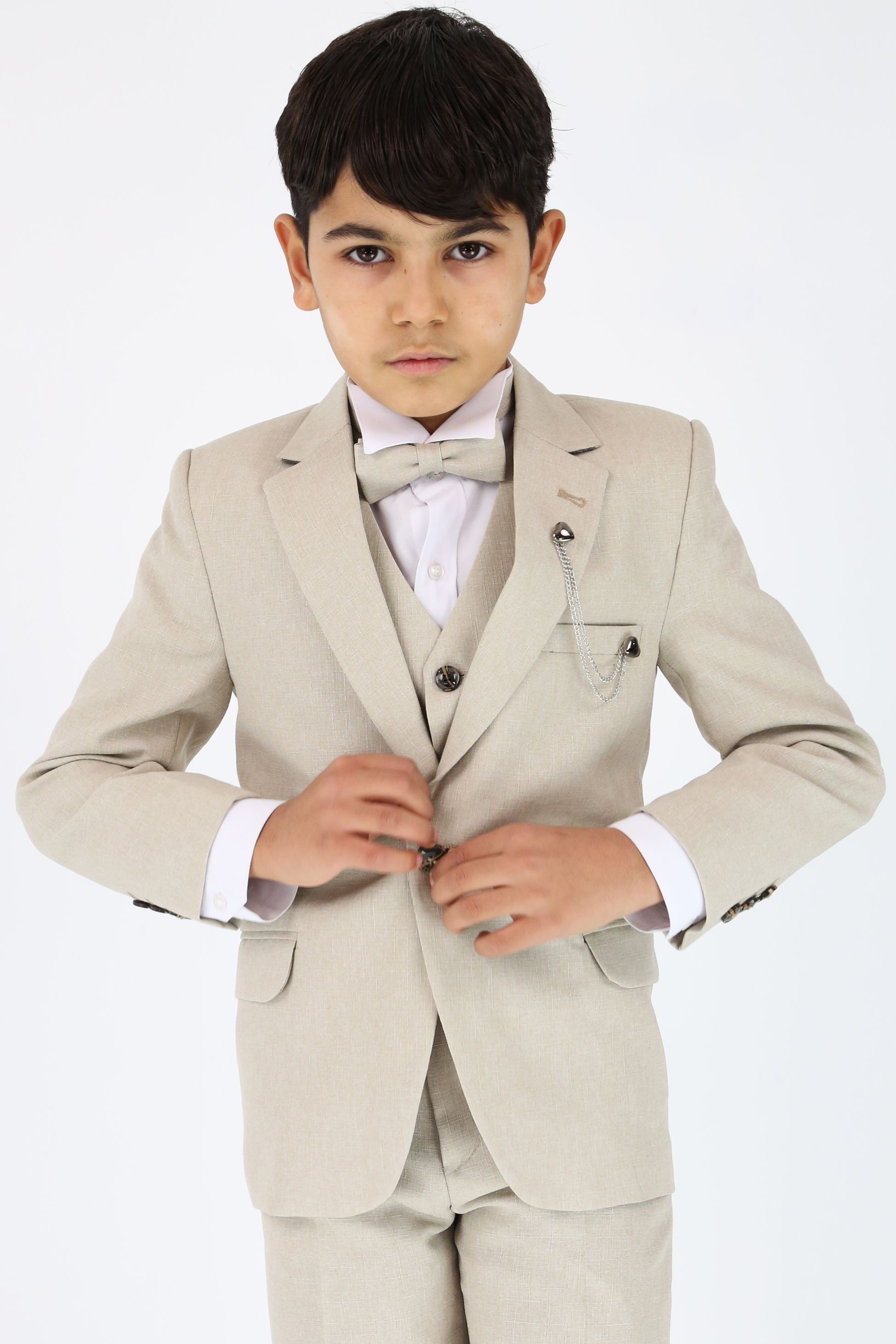 Boys Slim Fit Textured 6-Piece Formal Suit Set - Beige