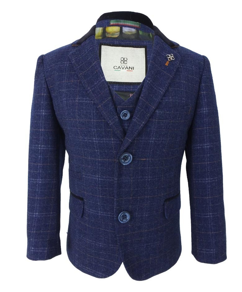 Boys Tweed Check Navy Slim Fit Suit - KAISER - Navy Blue