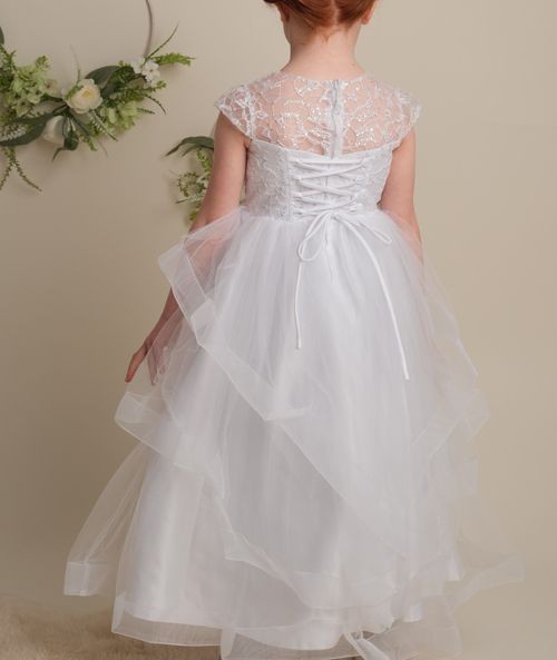 Girls White Layered Tulle Dress with Corset Back - TERRESA