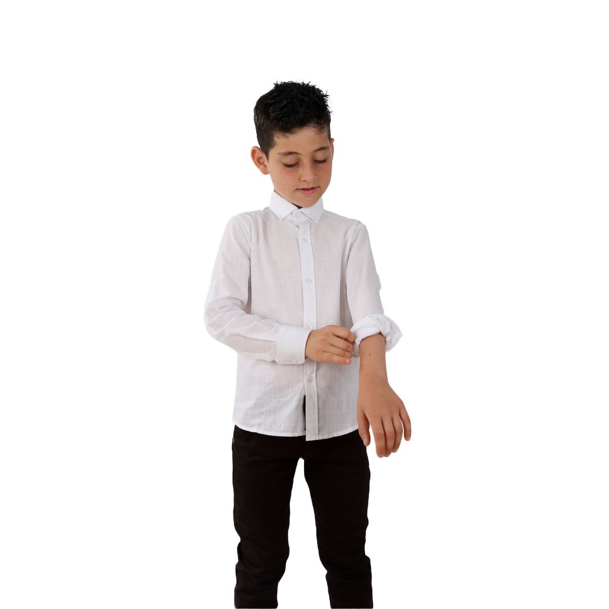 Jungen Leinen Hemd mit hochgekrempelten Ärmeln - Weiß