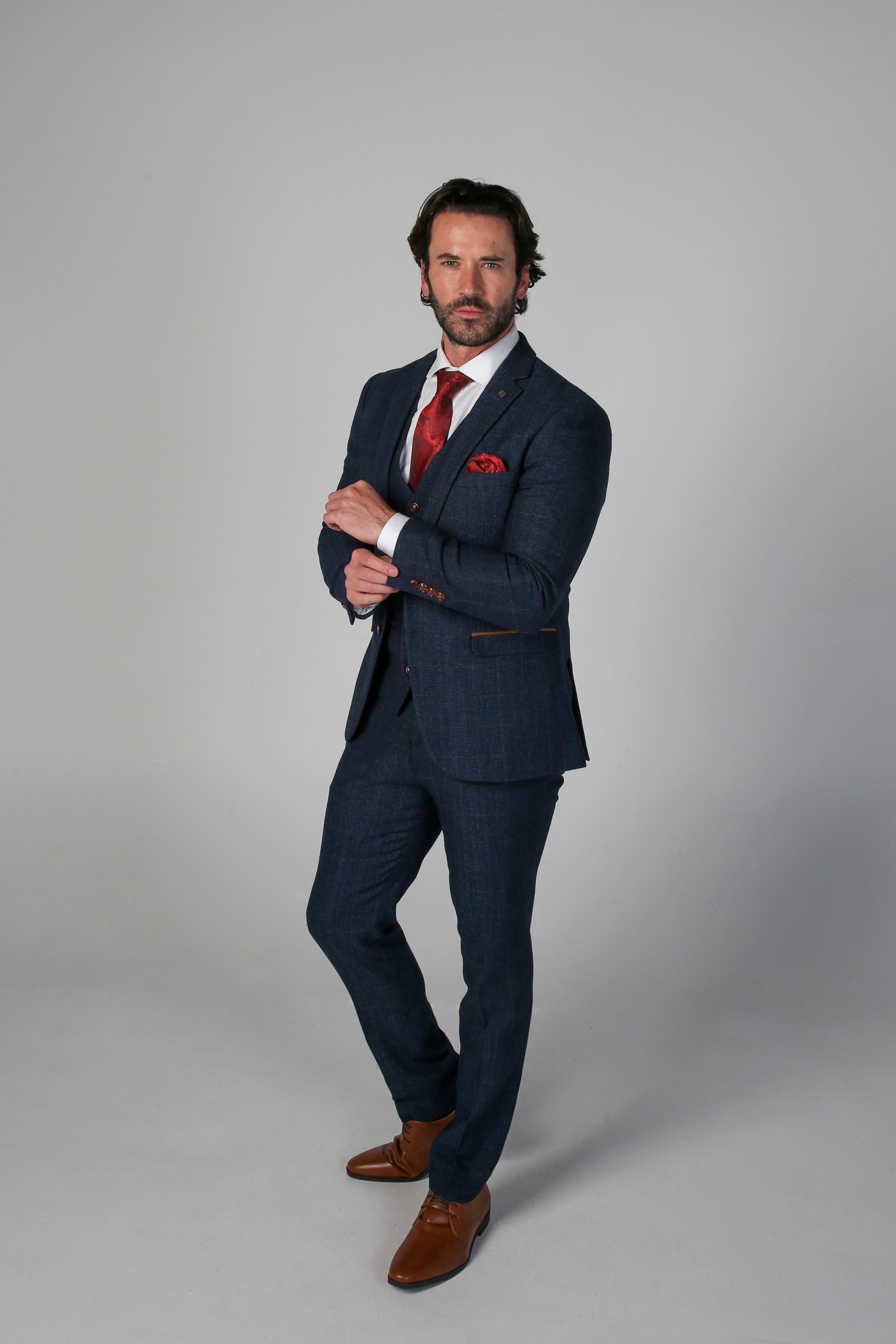 Herren Tweed Herringbone Anzug in Marineblau, 3-teilig, für Hochzeiten und Geschäftsanlässe, Taillierter Schnitt